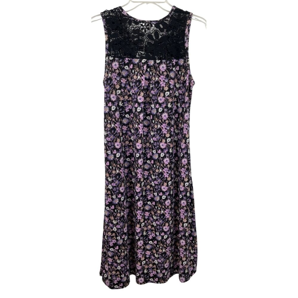 Yozly Womens Size Medium Black Purple Floral Tank Dress Pockets - Picture 2 of 11